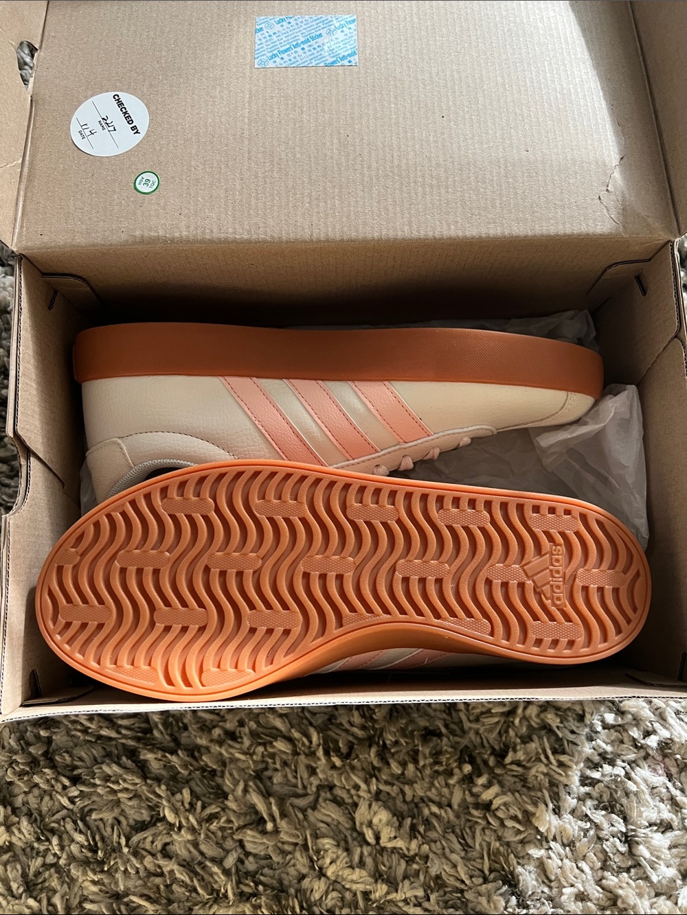 adidas Cream Sneakers with Peach Stripes and Gum Sole - Picture 2 of 4